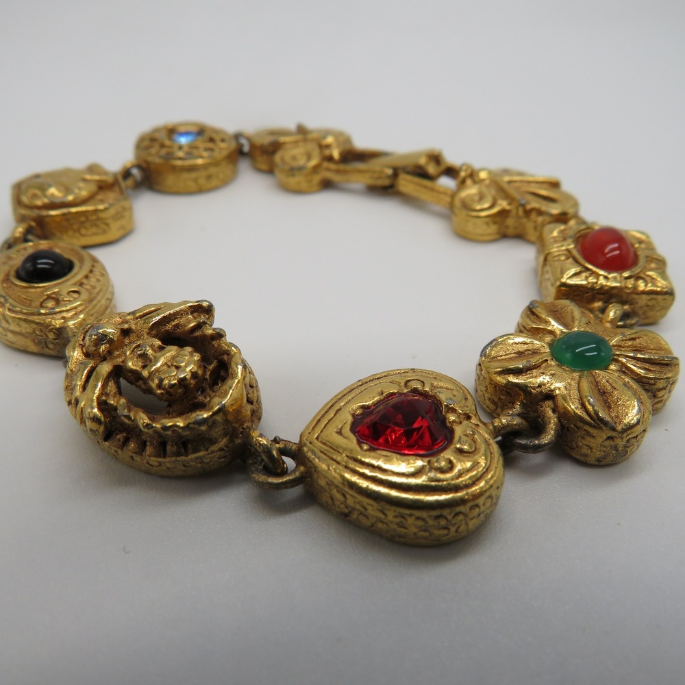 Vintage Gold Tone Multi Color Bead Charm Link Bracelet 7 Inch Ornate Boho - Picture 2 of 11